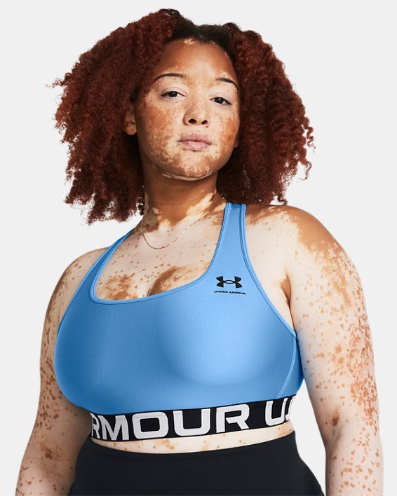 Women's HeatGear® Armour Mid Branded Sports Bra, Blue, pdpMainDesktop image number 3